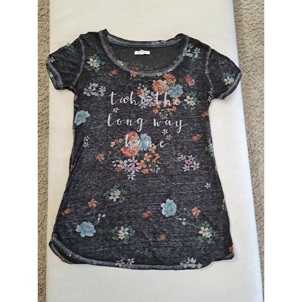 Take The Long Way Home Floral Burnout Graphic Tee Charcoal Gray Scoop Neck Top